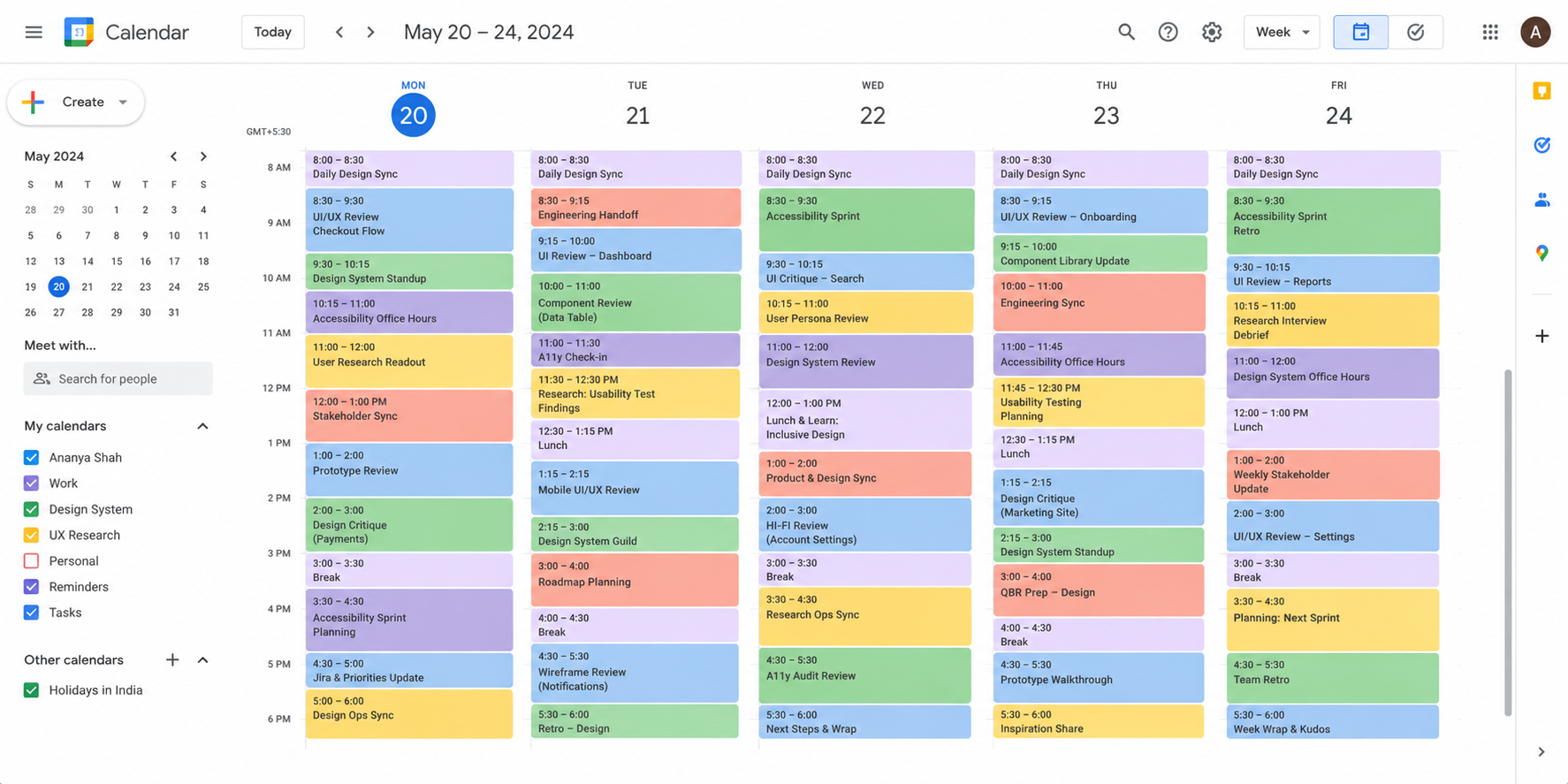Packed Google Calendar schedule